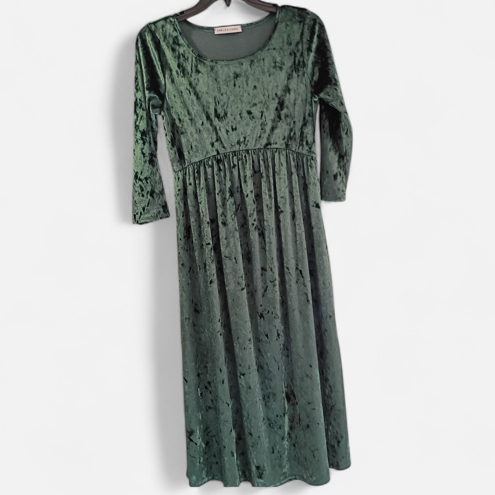 EUC Chris & Carol Green Velvet Maxi Scoop Neck 3/4 Sleeve Y2K Vibe Dress Size‎ M